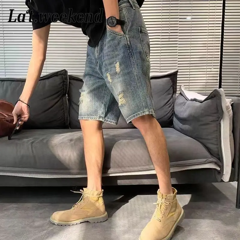 Ripped Denim Shorts Men's Trendy Brand Loose Casual Retro Five-point Pants Summer Mid-size Pants