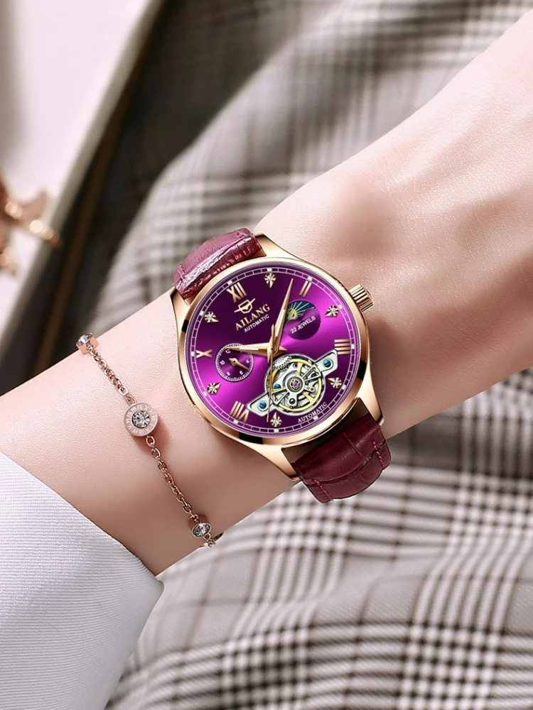 AILANG Tourbillon Automatikuhr für Damen, leuchtende, wasserdichte Skelett-Mechanische Armbanduhr, modische, elegante Uhr als Geschenk – Detail 4