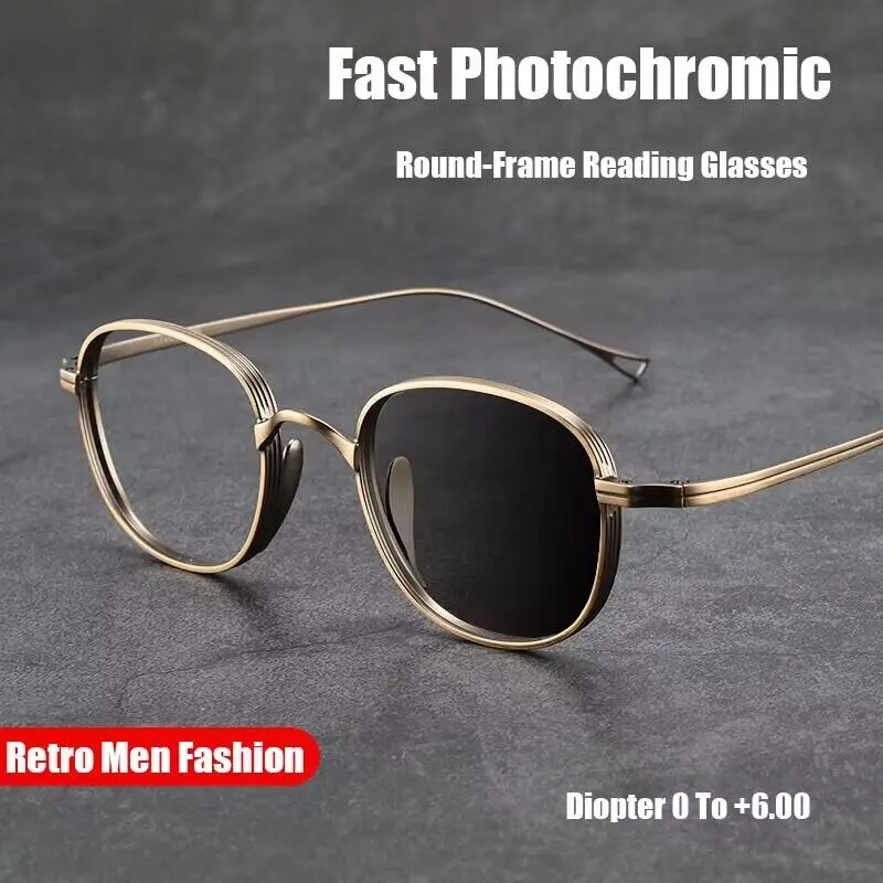 

Intelligent Photochromic Reading Glasses Round Women Men Classsic Ultra light Pure Titanium Sun Presbyopic Eyeglasses 1.0-4.0
