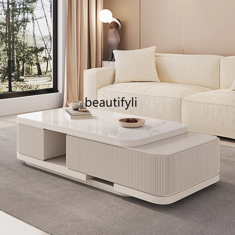

Light Luxury Modern Minimalist Stone Plate Coffee Table TV Cabinet Combination Minimalist Home Living Room White Retractable