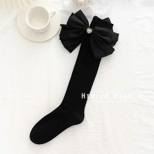 Big Bow Cotton Calf Socks Flower Sequins Black White Knee Length Socks Korean Thigh High Long Socks Students JK Lolita Stocking