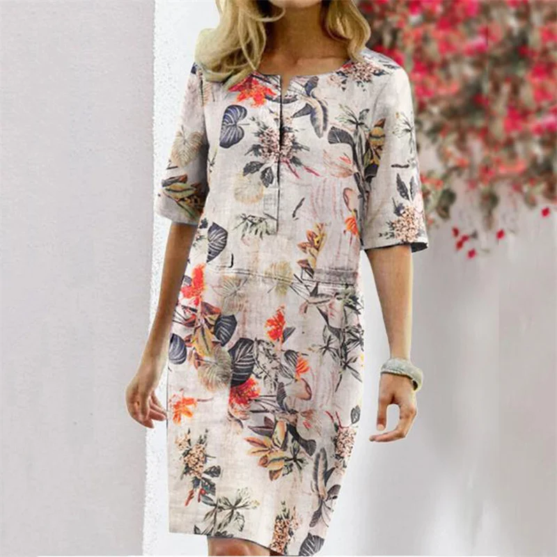 Vintage Floral Print Half Sleeve Dresses Women's Splicing O Neck 2023 Summer Cotton Linen Dressy Female Daily Casual Midi Skirt