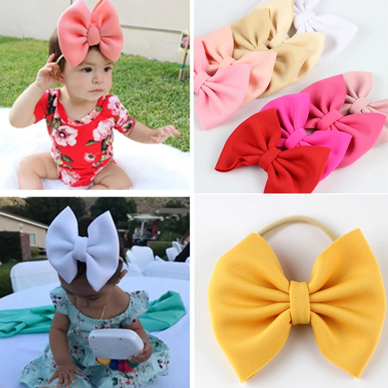 High Elastic Fit All Nylon Headband Scuba Bow with Nude Headbands for Newborn Headwear Baby Girls Soft Nyon Hairband Big Hairbow