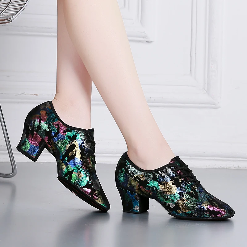 Colorful Natural leather Latin Dance Shoes Ventilation Teacher Shoes With Soft Square Dance Shoes Sneakers Ballroom Dancing 5
