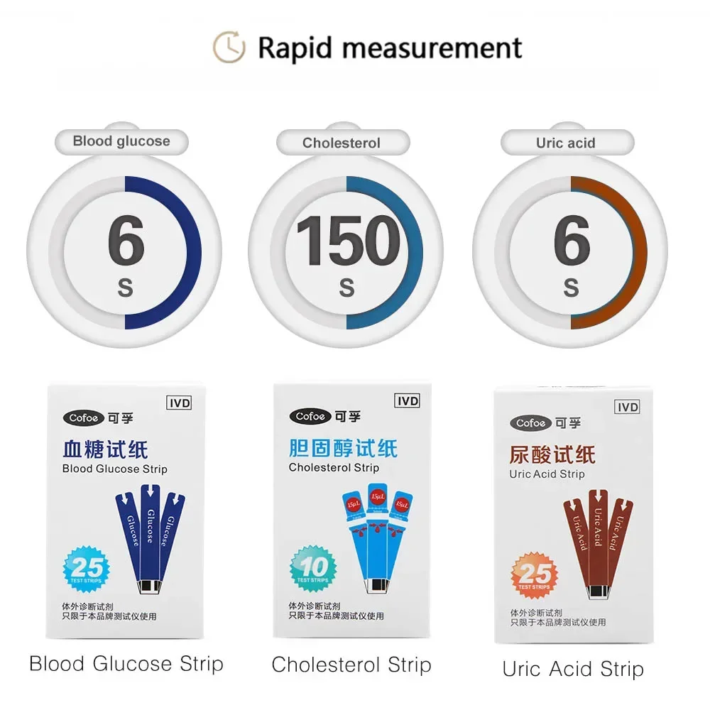 Cofoe Cholesterol Uric Acid Blood Glucose Test Strips With Lancets Needles Only For Cofoe 3 in 1 RF-XT-01 Detect Device