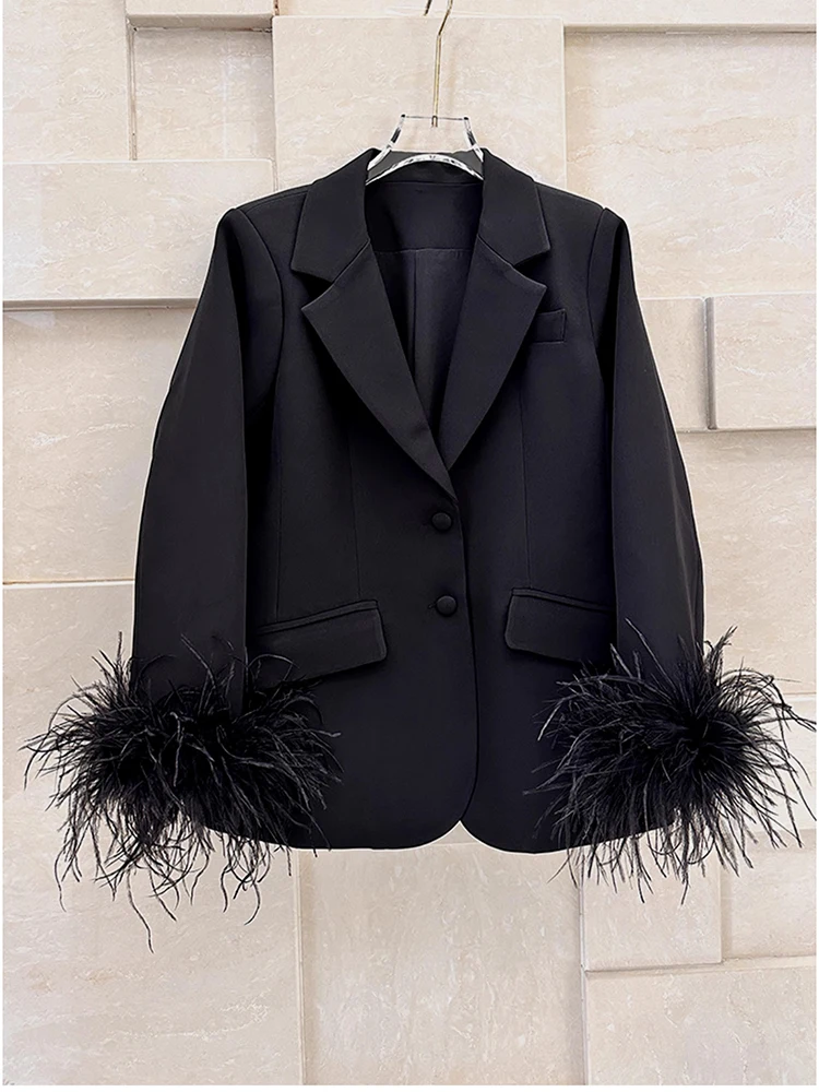 

HIGH STREET Fashion 2023 Designer Jacket Women's Ostrich Real Feather Embellished Blazer