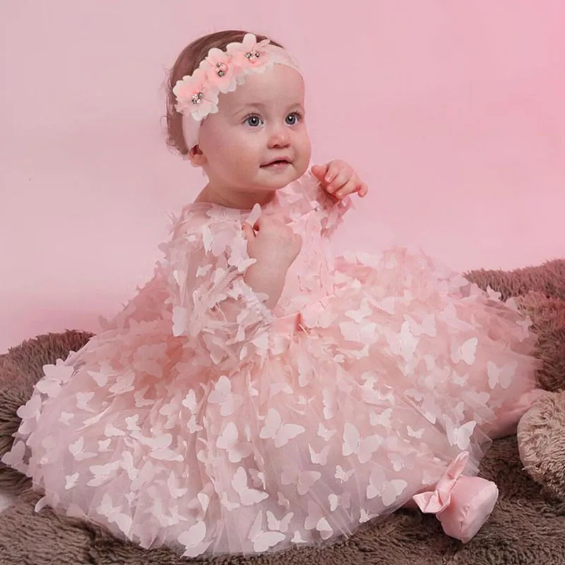 

Sweet And Lovely Princess Dress 3D Flower Dress Long Sleeve Butterfly Wedding Flower Dress First Birthday Dress