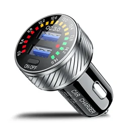 Dual USB Car Charger with LED Voltmeter and Switch - Waterproof 36W Fast Charging - Silver