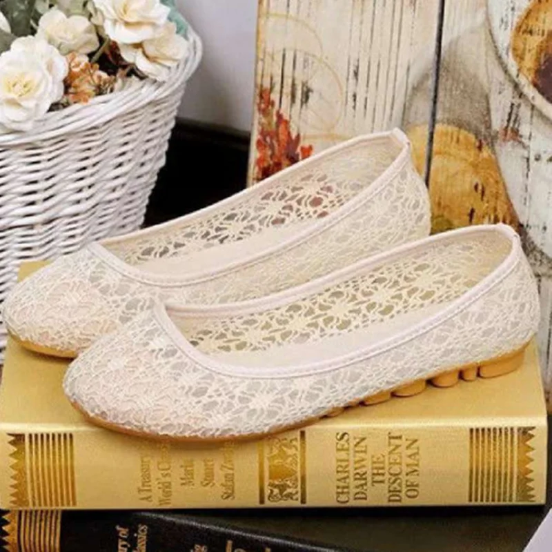 Lady Bare Foot Shoes Sweet Breathable Mesh Summer Flats With Bow-Knot Round Toe Spike Heels Anti-Slip Beige Sole 2022 New In 45