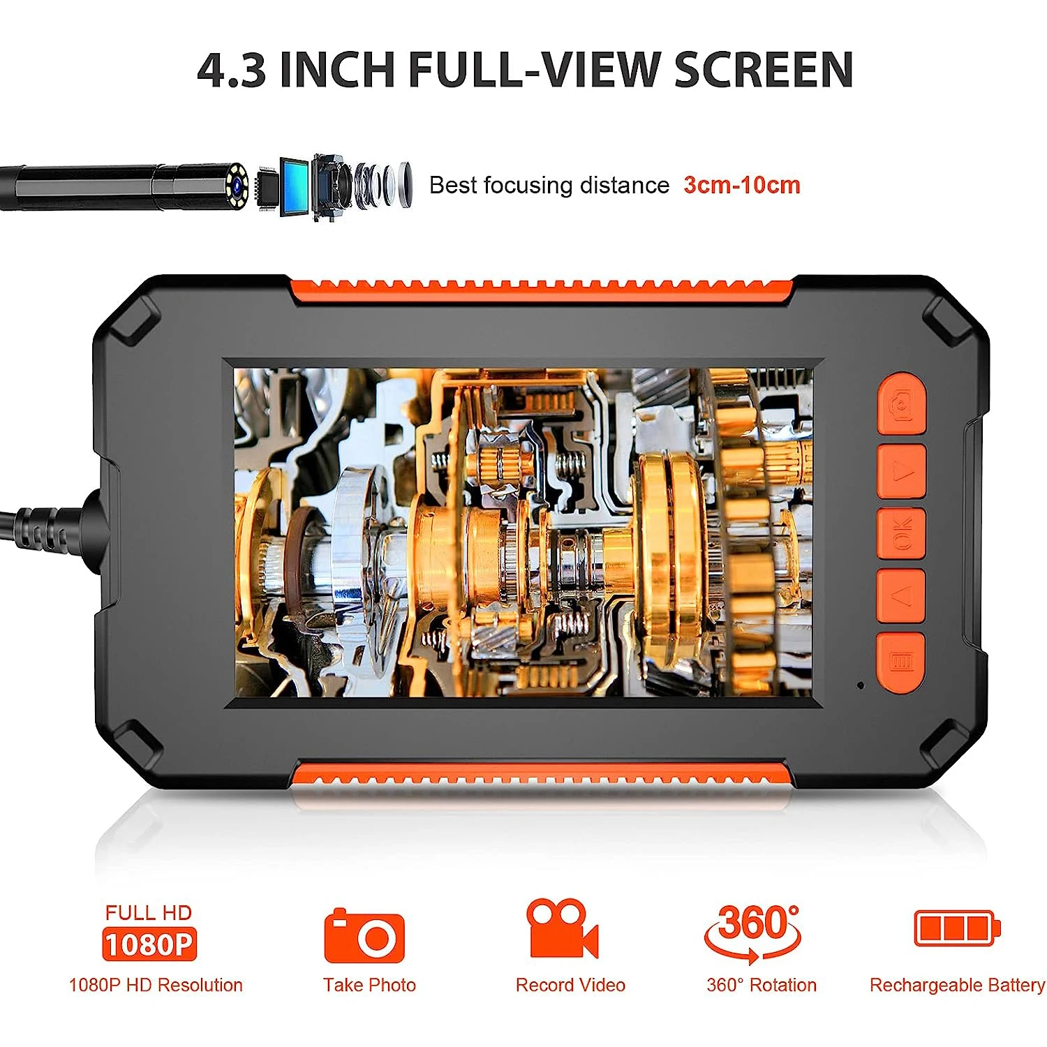 Inspection Camera Industrial Endoscope 1080P HD Borescope Inspection Snake Camera IP67 Waterproof 8 LED Lights 4.3 Inch LCD Screen 2600mAh Battery