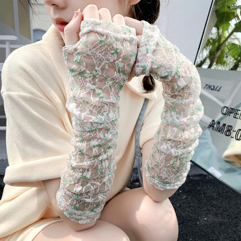 

Перчатки женские сетчатые солнцезащитные с цветочным принтом, тонкие дышащие длинные митенки для езды на велосипеде, с перфорацией и защитой рук, летние