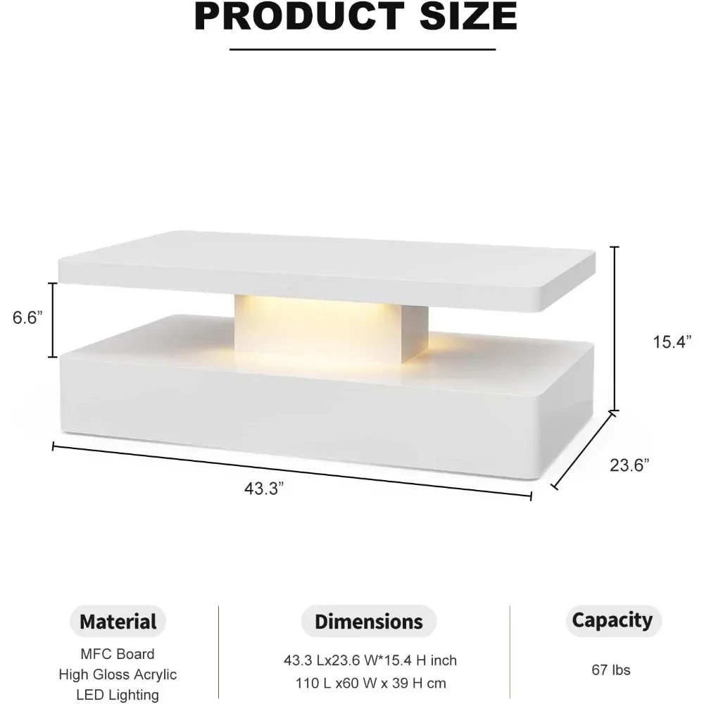 LED High Glossy Coffee Table, Modern Coffee Table, 2 Tiers Rectangle Design Coffee Table with 16 Colors LED Lights 2