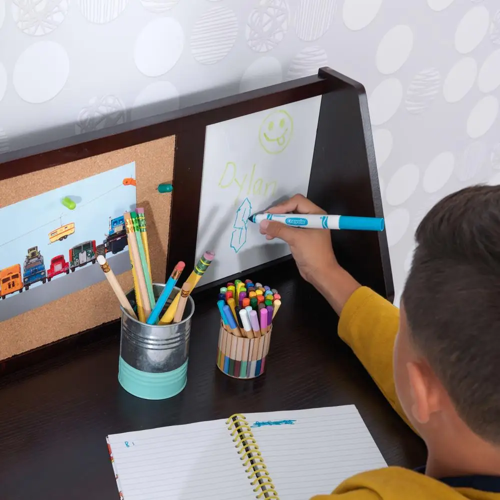 Wooden Child Study Desk with Chair Storage Organizer Bulletin Board Ideal Homework and Crafting 4