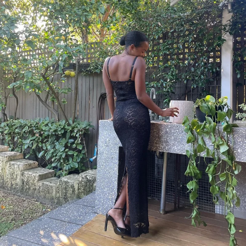 Lace Black Dress Female Slim Hollow Out Spaghetti Backless Dress Elegant Party Evening Gown Split Women Maxi Dress Summer