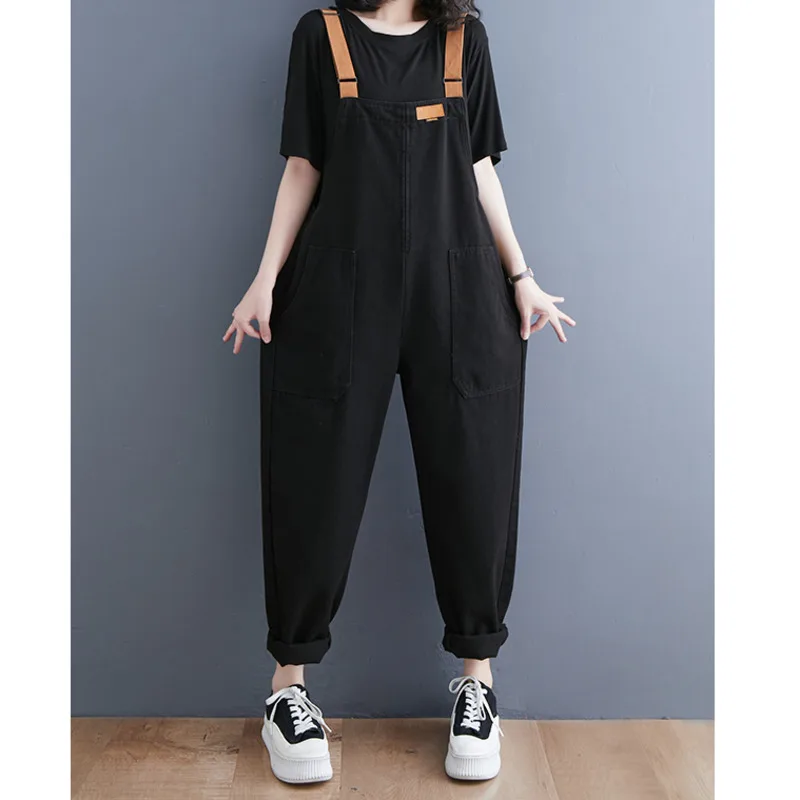 #2377 Black Cargo Denim Jumpsuits Women Loose Pencil Harem Denim Overalls Female Korean Style Jeans Rompers Womens Pockets 