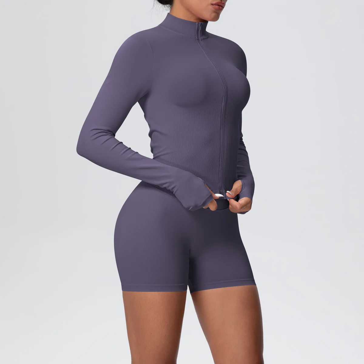 Women Gym Set - Seamless Yoga Suit With Zip Shirt & Cycling Shorts Activewear