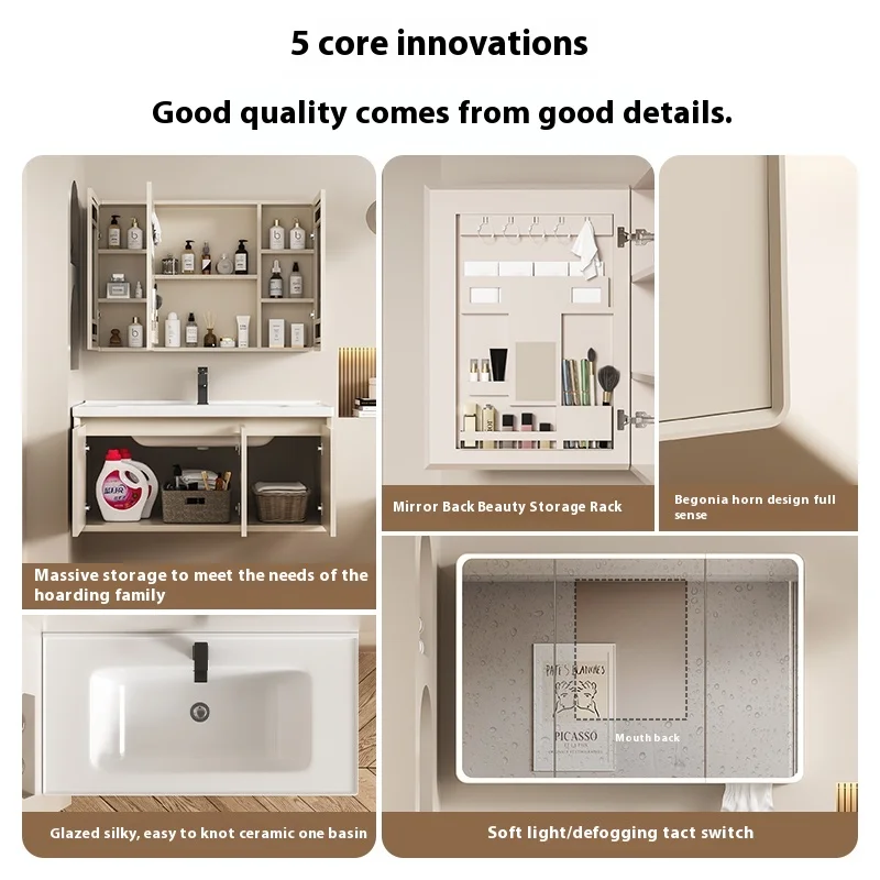 Cream Style Thickened Honeycomb Aluminum Rounded Corner Bathroom Cabinet Wash Basin Cabinet Combination Bathroom Vanities