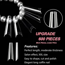 

600Pcs Transparent Fake Nail Tips Acrylic Ballerina Nail Tips Long Shape Half Cover Coffin Professional False Art Nail