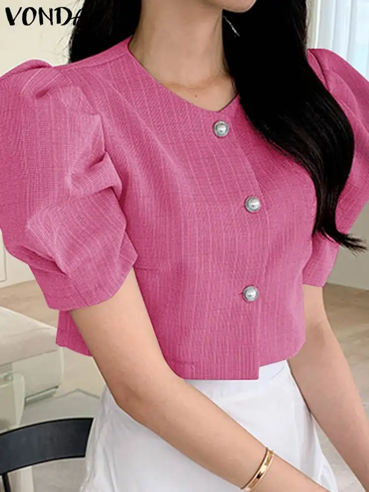 

VONDA Elegant Women Shirts 2023 Summer Tops Blouse Short Puff Sleeve Tunic Casual Solid Color Buttons Fashion Blusas Femininas