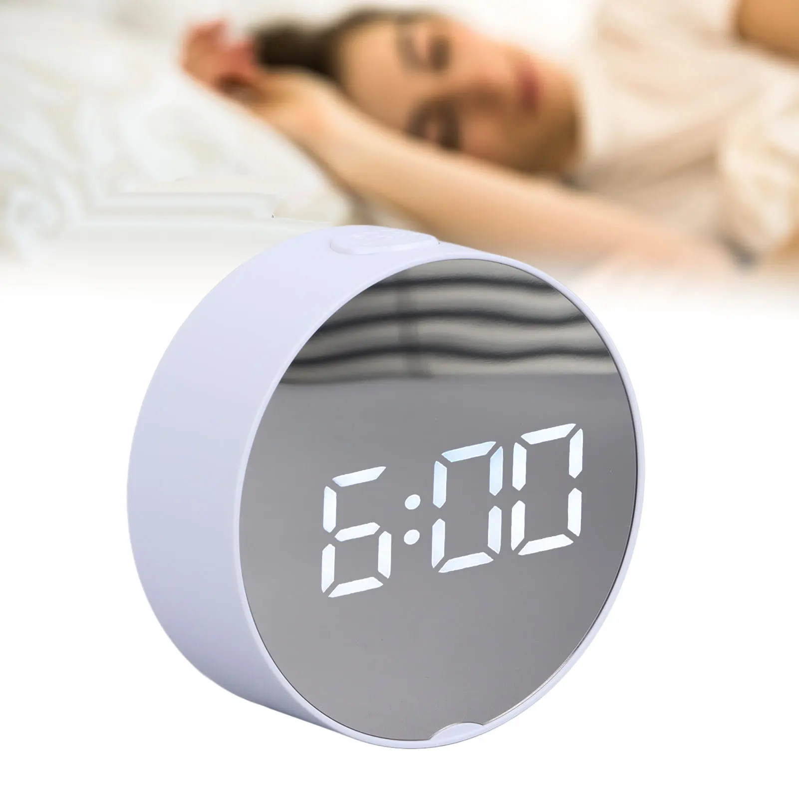 Digital Mirror Clock Alarm White Big Round Screen Easy to Read Portable LED Clock for Office Bedroom Travel Digital Mirror