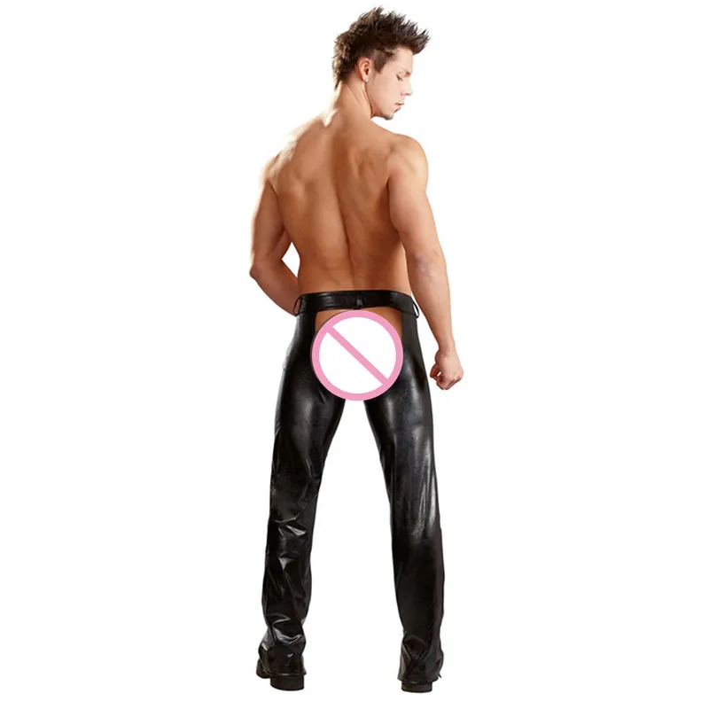 Men Leather Chaps Fetish Men Latex Wetlook Crotchless Chaps Faux Leather Open Crotch Gay Pants with Thongs Sexy Adult Wear Sissy Lingerie for Man