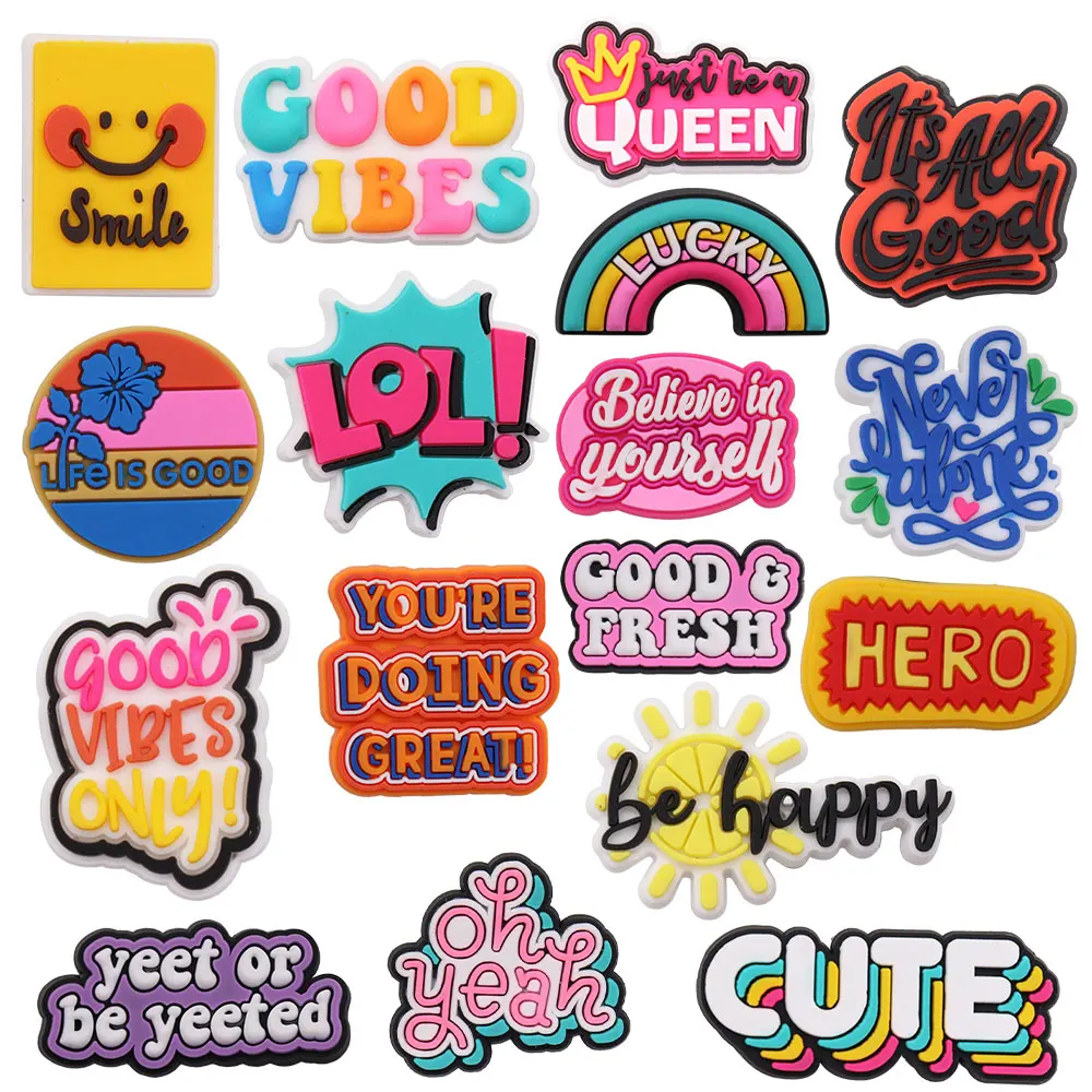 

Mix 50pcs PVC Word Smile Just Be A Queen It's All Good LOL Believe In Yourself Doing Great Happy Shoe Charms Fit Wristbands Gift