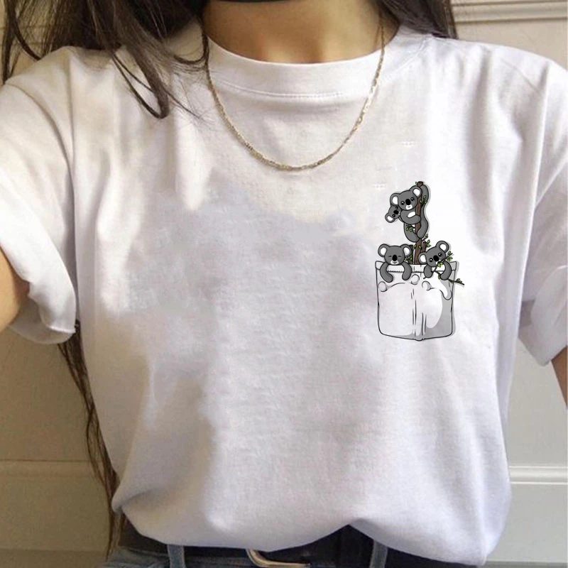 Maglietta semplice e carina da donna Maglietta oversize estiva Divertente tascabile Cartoni animati Stampa magliette Casual Manica corta O-Collo Tops861_voghion.com