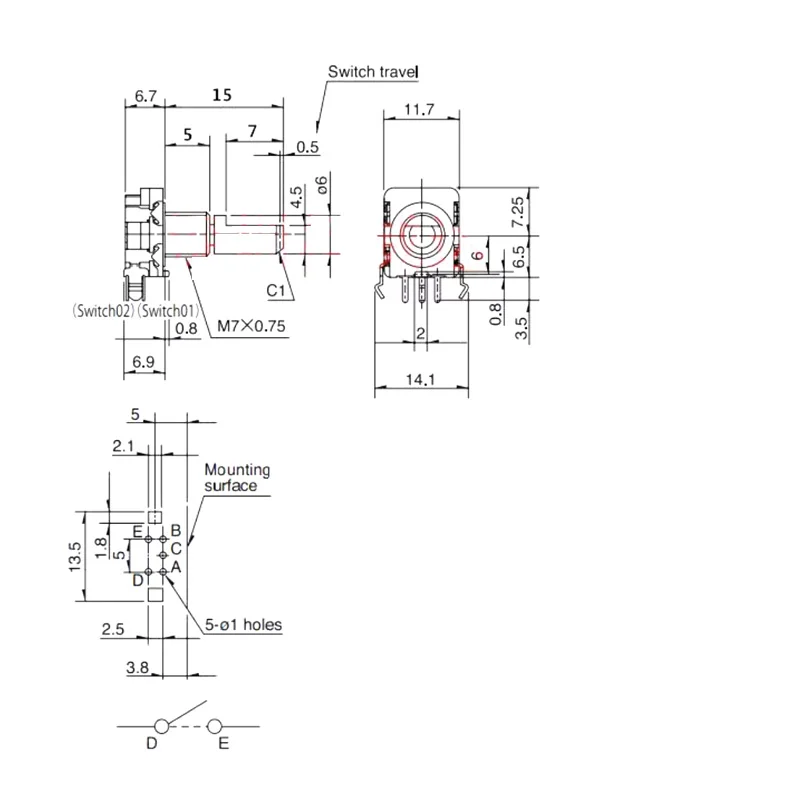 5pcs EC11 Roatry Encoder Switch with Push Button Side Adjust EC11 20 position Detenets 15MM Half shaft