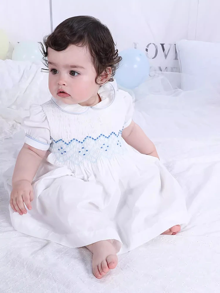 

Baby Girl White HandMade Smocked Dress Infant Eid Birthday Baptism Clothes Children Spanish Charlotte Princess Dressses