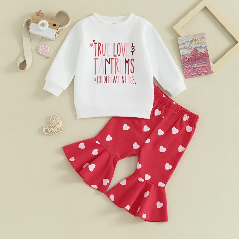 

SHUING Toddler Baby Girl Valentine s Day Outfits Fuzzy Letter Print Sweatshirt Heart Flare Pants 2Pcs Spring Fall Clothes