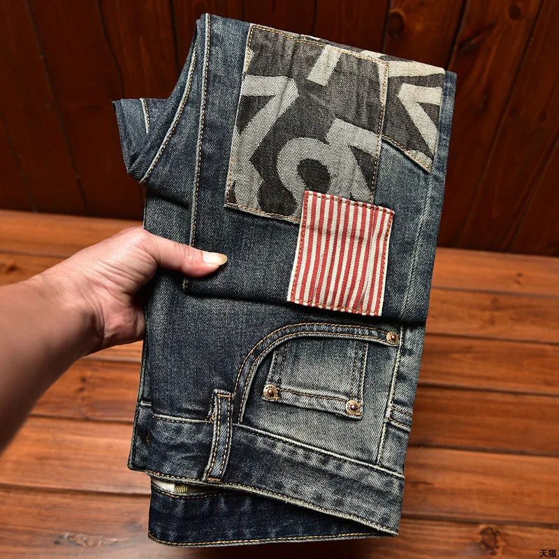 2024 New Light Luxury High End Jeans Men'S Slim Fit Straight Patch Retro Blue Versatile Fashion Elastic Casual Denim Pants