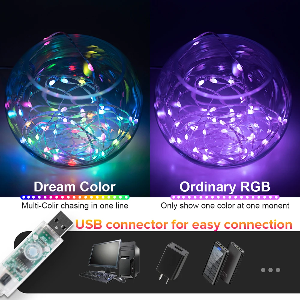 USB 드림컬러 조명 스트링 블루투스 음악, RGBIC 조명, 주소 지정 가능 파티 웨딩 화환 장식, 5V, WS2812B, 2m, 5m, 10m