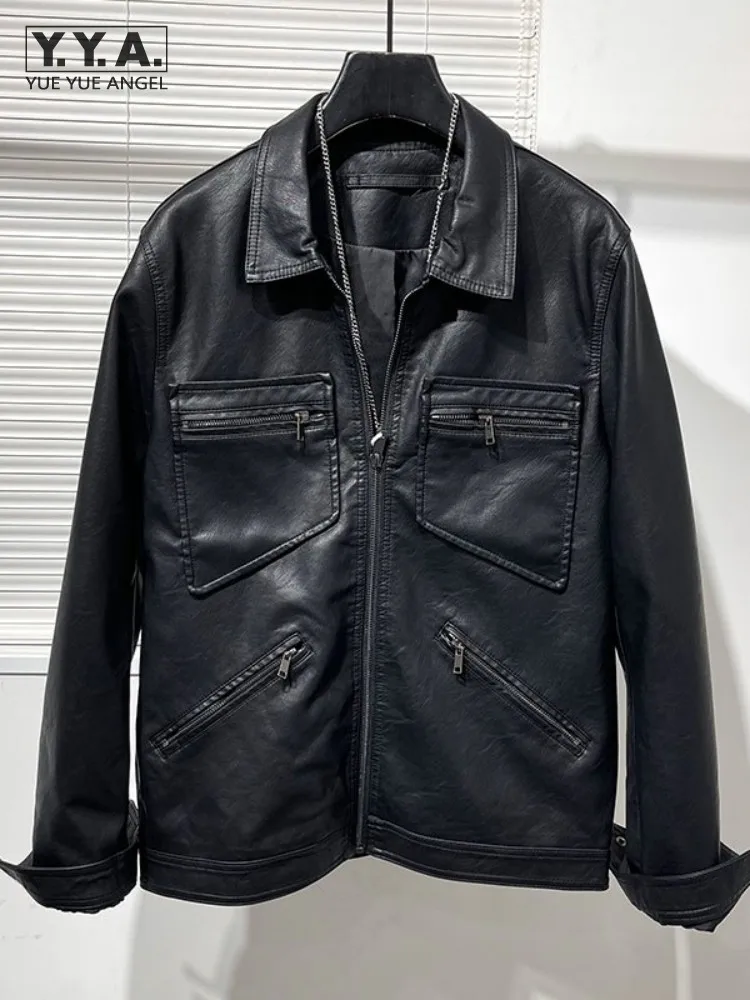 

Vintage Pu Leather Cargo Jacket Men Motorcycle Short Coat Slim Turn-Down Collar High Street Spring Autumn Zipper Punk Outerwear