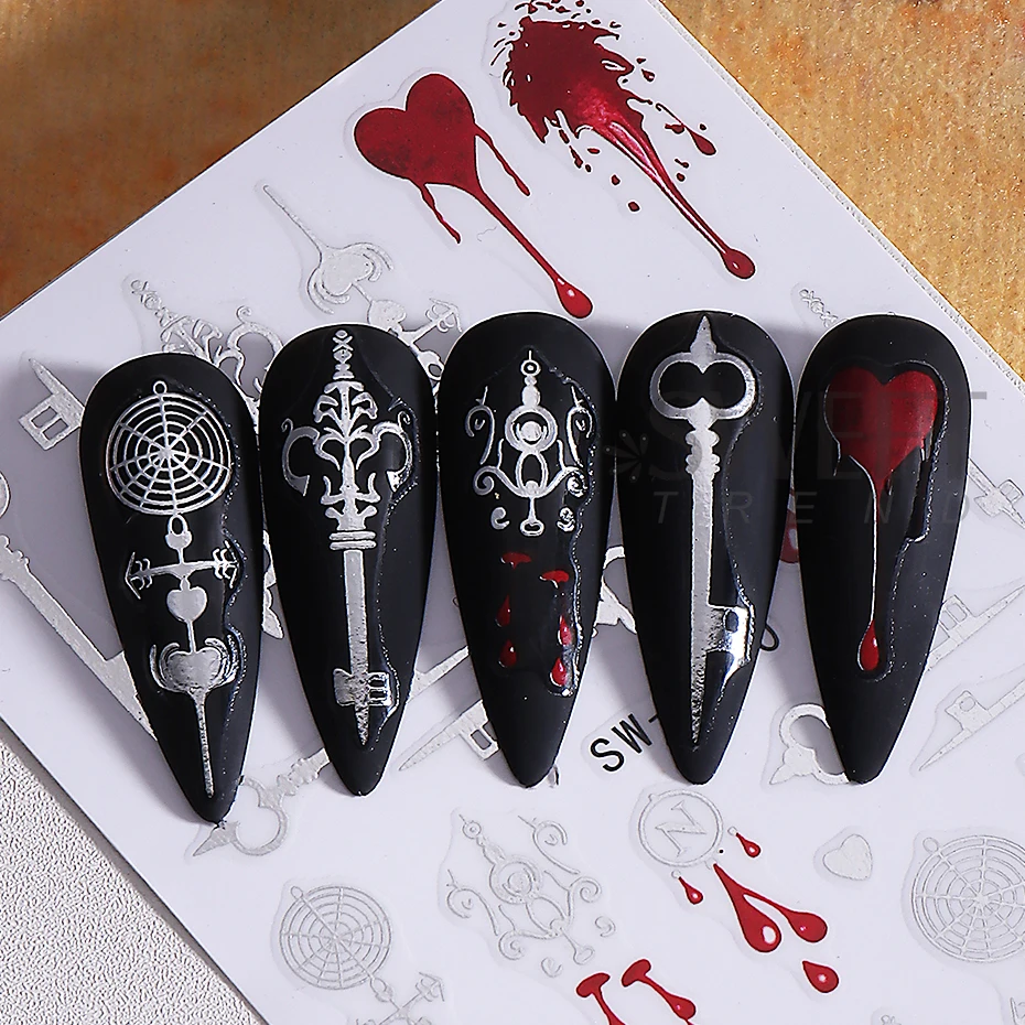 2pcs Gothic Nail Art Stickers Metallic Silver Key Love Blood Droplet Design Self-Adhesive Nail Decals DIY Manicure Decoration