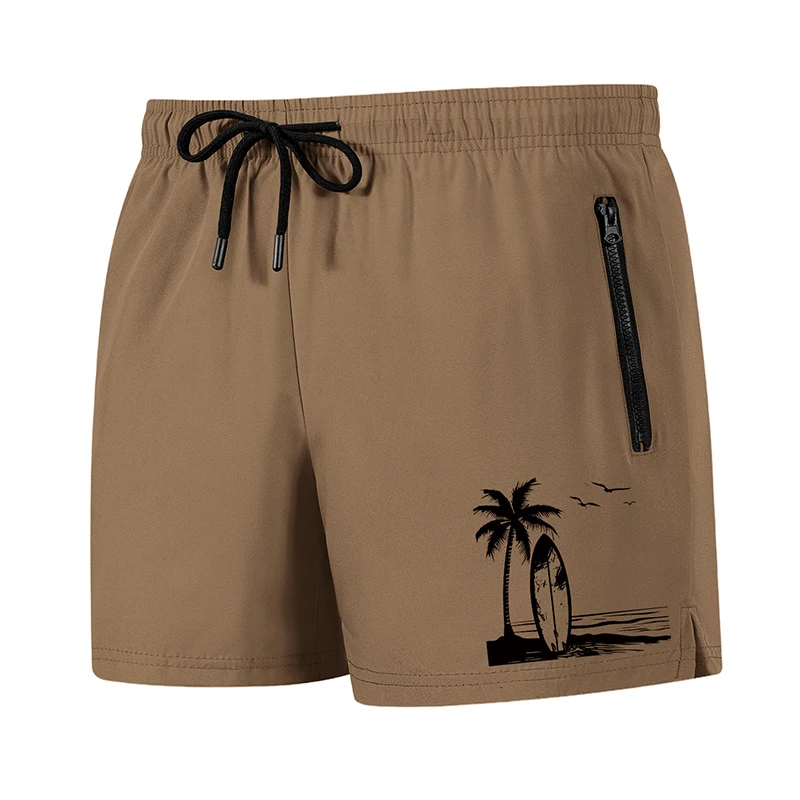Tropical Surfboard Print Men's Beach Shorts with Mesh Liner and Zipper Pockets