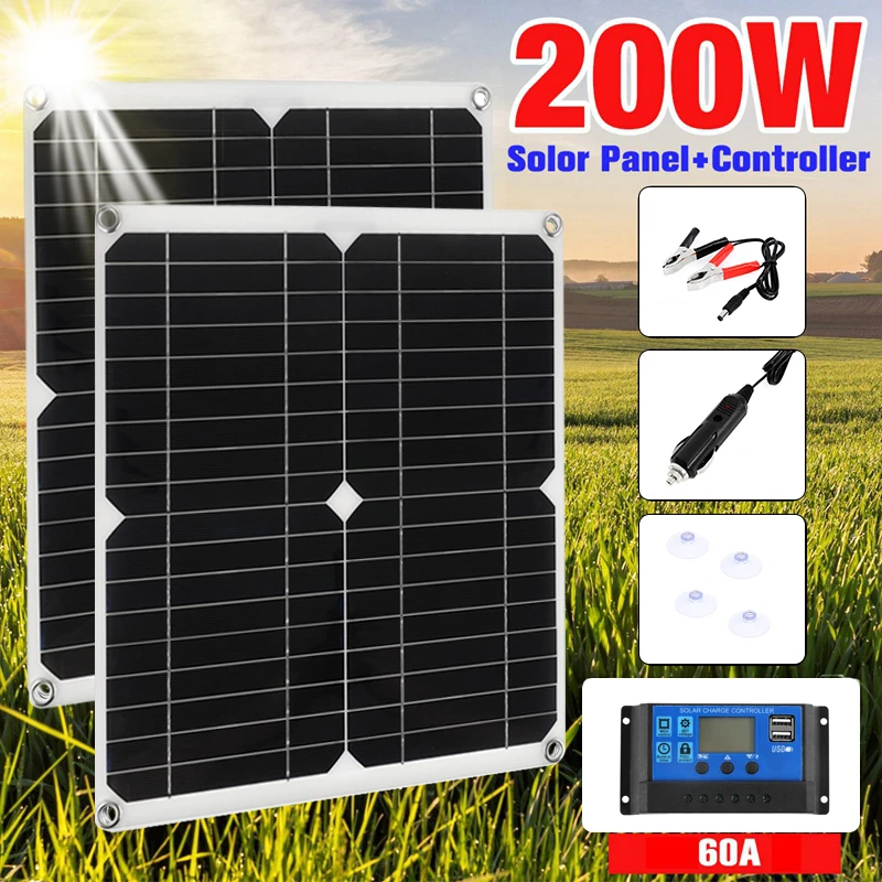 Kit de Panel Solar de 200W con controlador de 60A, cargador de energía Solar portátil de CC, para batería externa, Camping, coche, barco, placa Solar RV| | - AliExpress