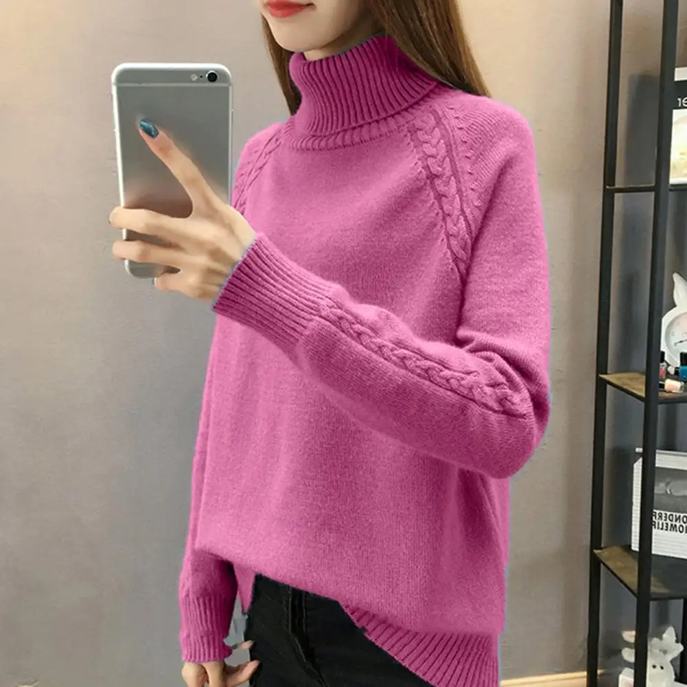 

Women Sweater High Collar Long Sleeve Thick Knit Soft Lady Knitwear Loose Casual Neck Protection Lady Commute Sweater