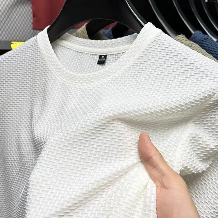 Men's Short Sleeve Mesh Bamboo Ice Silk T-shirt Casual Versatile Summer Elastic Slimming Top for Men - Image 3