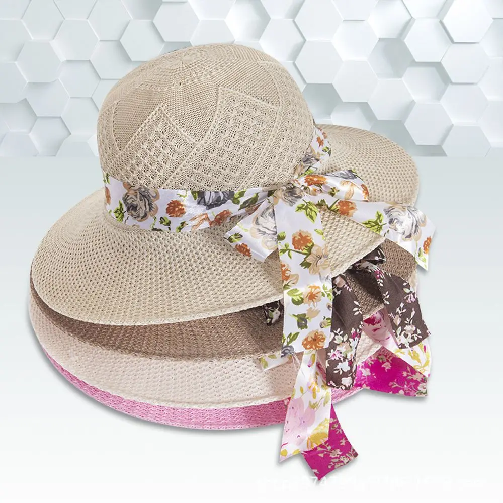 

Ribbon Bowknot with Wind Lanyard Girls Fisherman Hats UV Protection Women Straw Hats Beach Cap Wide Brim Women Sun Hat