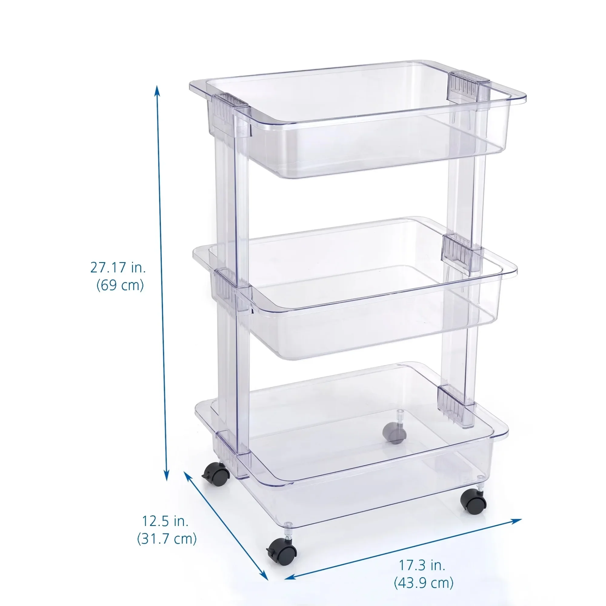 3 Tier Plastic Clear Utility Storage Cart Adult Size, Mobile Organizer for Bathroom, Kitchen & Office