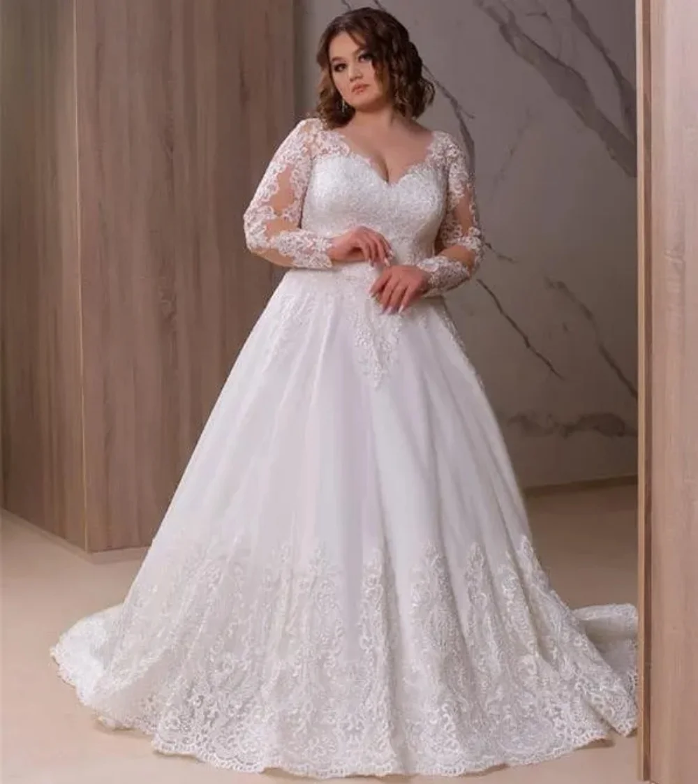 

New Luxury Women Wedding Dress V-Neck Lace Appliques Long Sleeves A-Line Tulle Floor-Length Vestidos de novia 2024 Bridal Gown