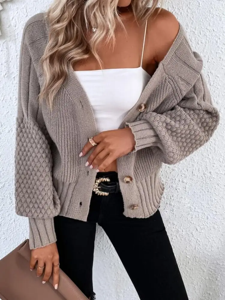 Women's V-Neck Solid Color Button Cardigan