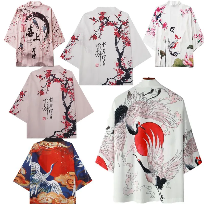 Japanese Kimono Japanese Kimono Cardigan Japanese Kimono Shirt Japanese Kimono Cardigan Yukata Samurai Man Women Crane Print Shirt Beach Haori Harajuku Obi Chinese Style Asian Streetwear 5XL