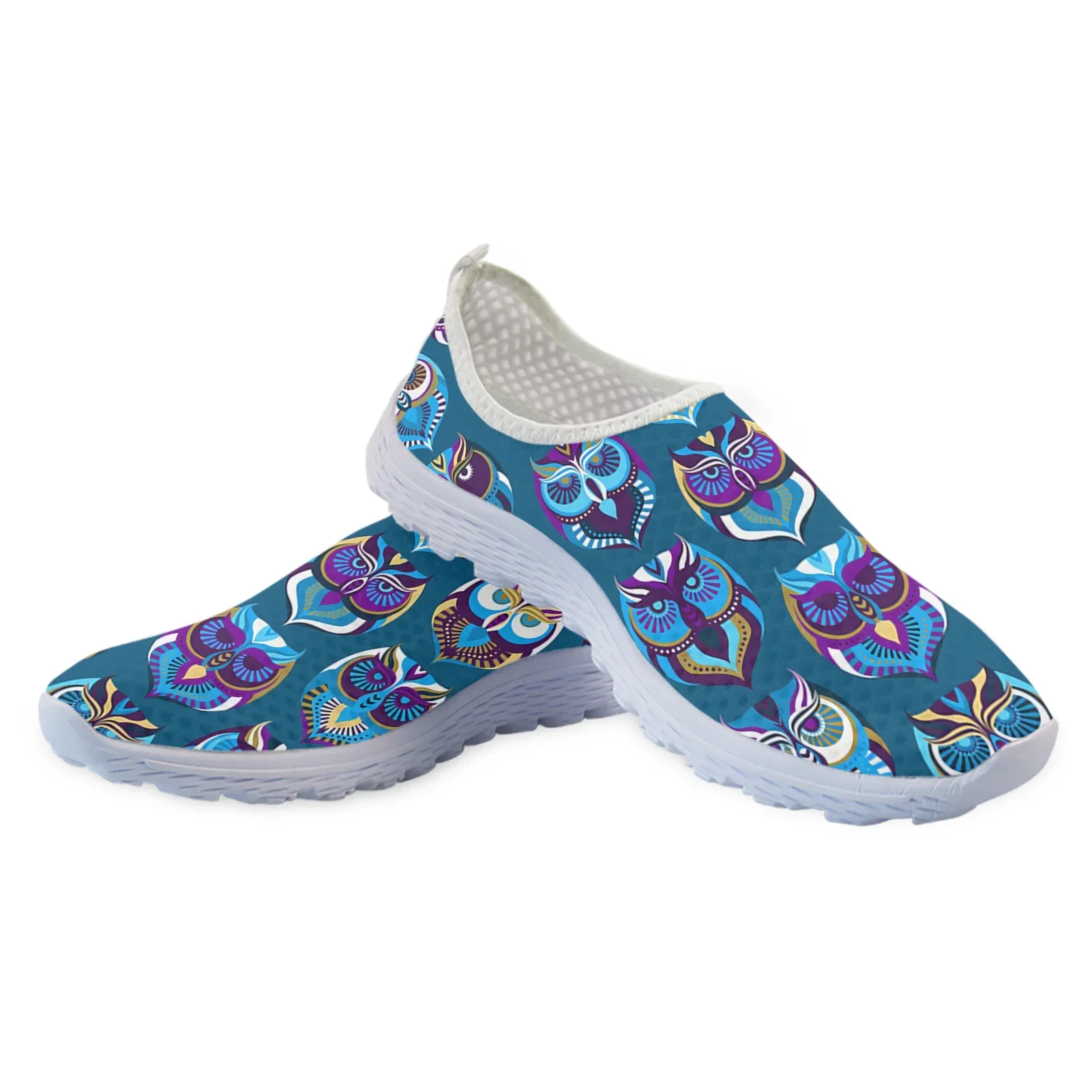 Fashion Rainbow Gradient Color Owl Design Summer Breathable Shoes Trendy Light Outdoor Slip On Sneakers Flats