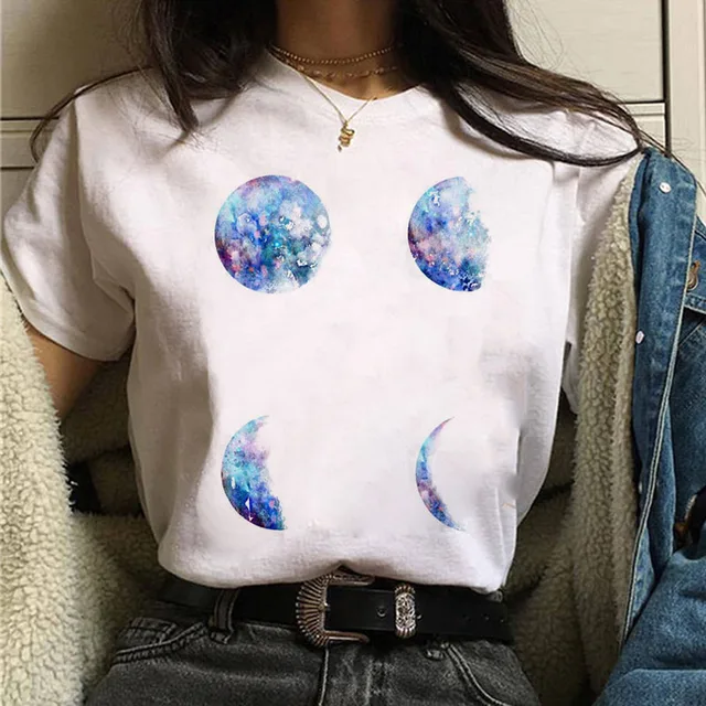 New Women's T-shirt Oversized Streetwear Black Moon Casual Round Neck T-shirt Lunar Eclipse Printed Women T-shirt Tee Tops E490-White