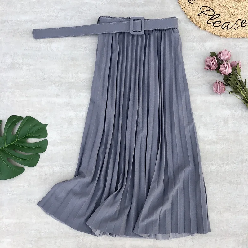 midi skirt PEONFLY New Women Fashion Belt Solid Color Pleated Midi Skirts Faldas Mujer Ladies Elegant High Waist Retro Casual Skirts golf skirt Skirts