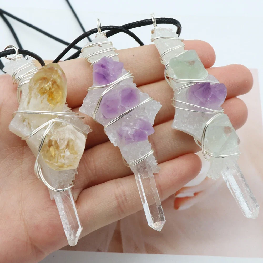 3PCS Reiki Healing Crystal Natural Stone Clear Quartz Original Stone Pillar Resin Winding Pendant Necklace Charm Necklaces