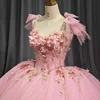 Rushed Romantic Pink Quinceanera Dress V-neck Appliques Organza Pattern Spaghetti Straps Floor Robe Soirée Femme Chic 1255 5