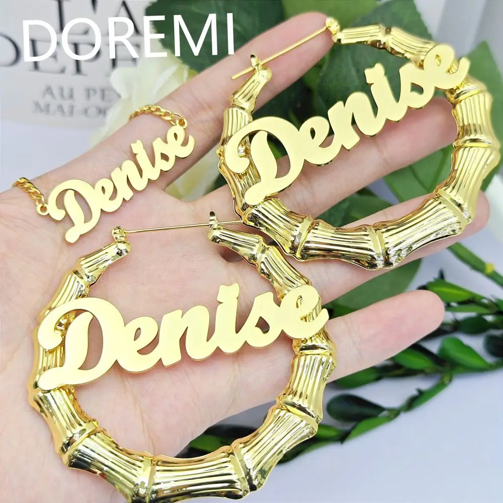 

DOREMI Personalized Customized Name Stainless Steel Custom Name Necklace and Bamboo Hoop Earring Set Name Jewelry Set for Mother