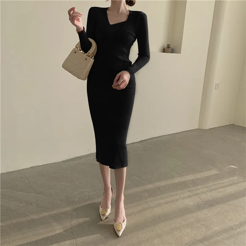 

BULOCHOVA Korean Vintage Knitted Slim Sexy Package Hip Long Dress For Women Fall And Winter Fashion V Neck Sweater Vestidos 2023